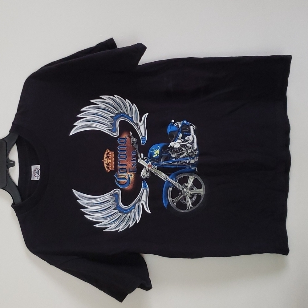 Corona graphic tee shirt, retro, black, motorcycle with wings, crown.